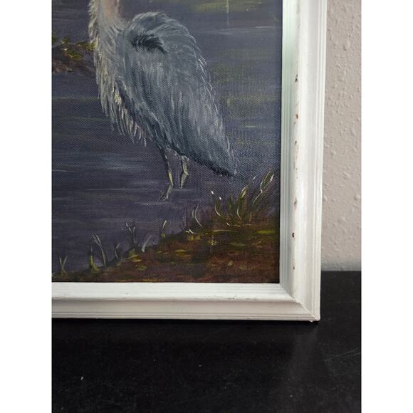 Vintage 1970s-90s Oil Painting Heron at Sunset 14x11" Framed Lake Scene Bird - Picture 7 of 9